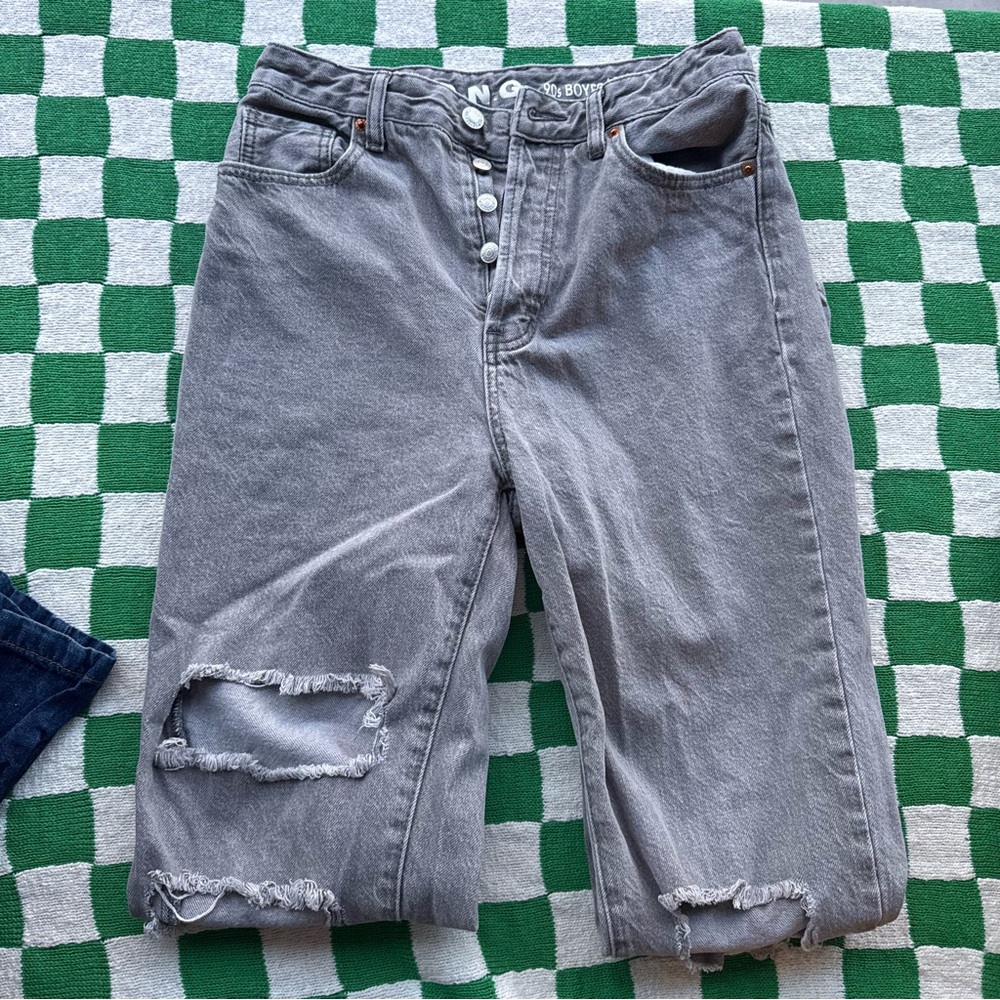 Gray Distressed Button-Fly Jeans